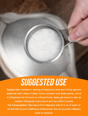 BulkSupplements Hyaluronic Acid powder packaging flatlay highlights convenient, versatile supplement.