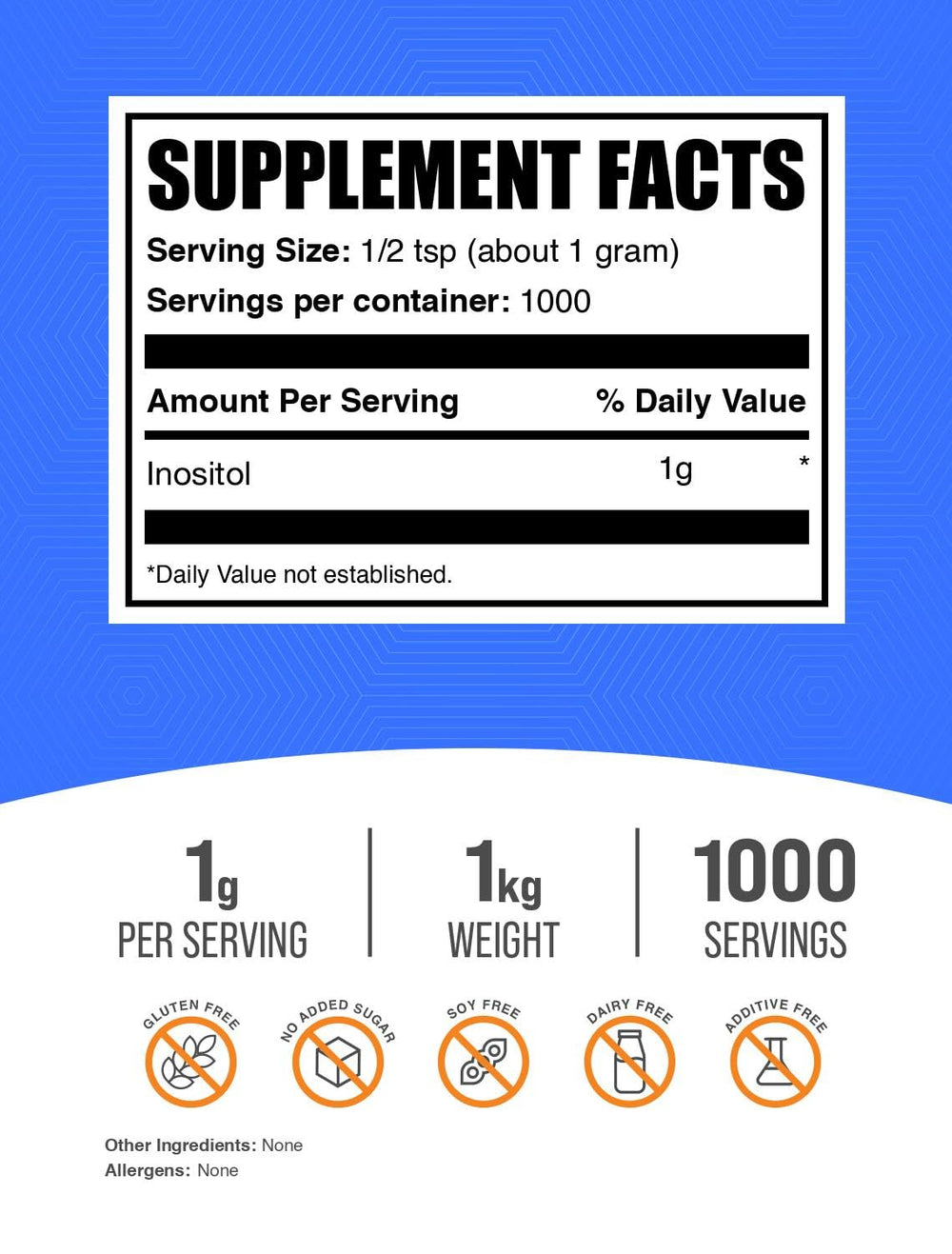 Close-up of BulkSupplements Inositol powder with a measuring scoop.