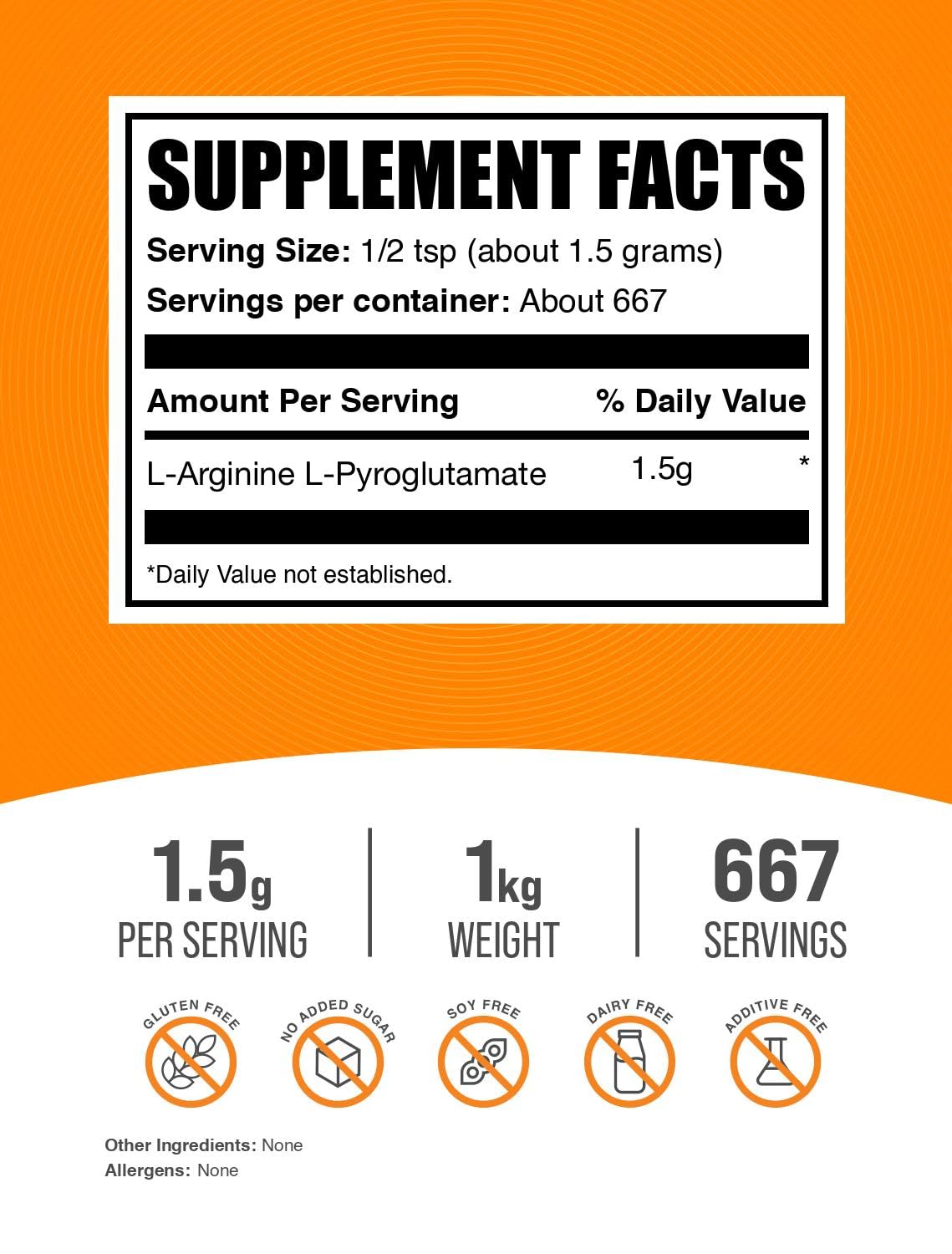 BulkSupplements L-Arginine L-Pyroglutamate serving scoop for precise dosing.