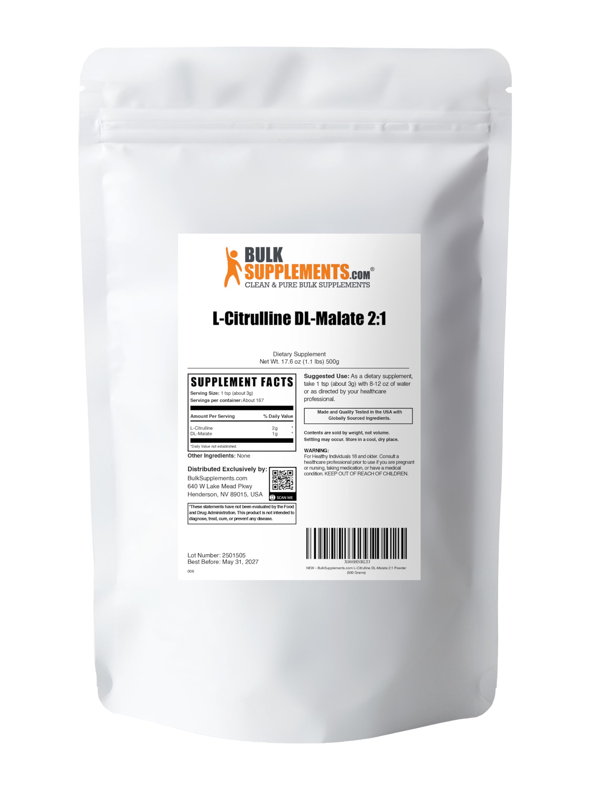 BulkSupplements L-Citrulline Malate 2:1 powder packaging side view
