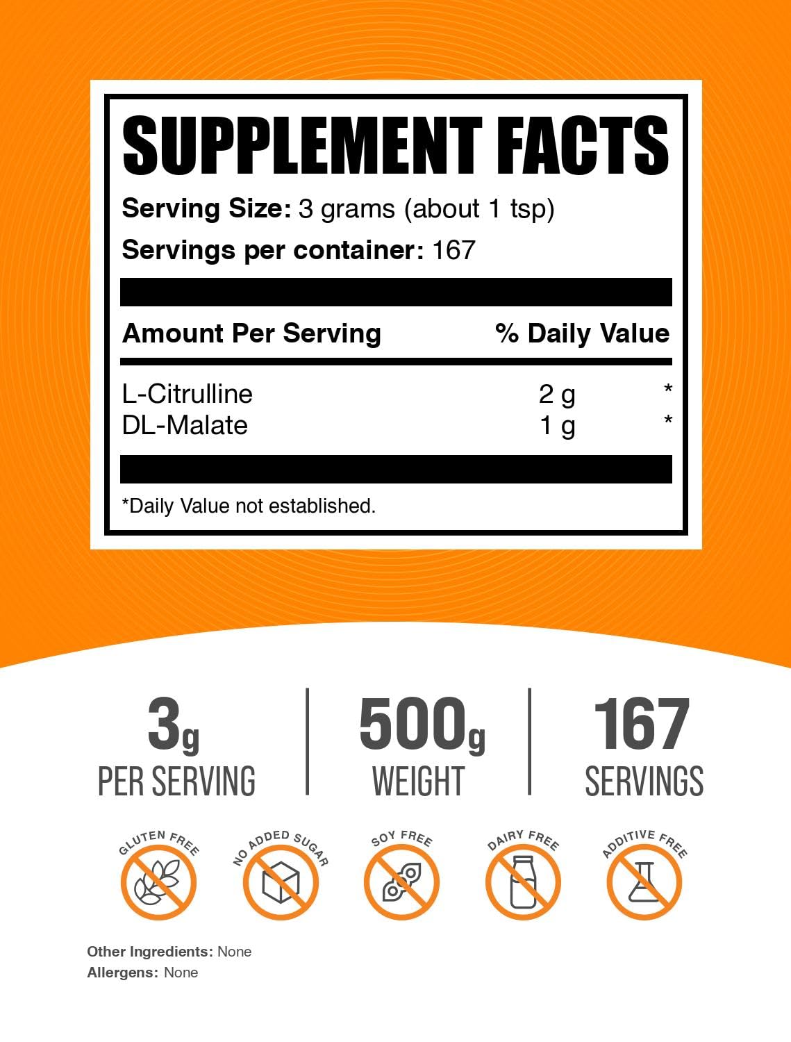 BulkSupplements L-Citrulline Malate 2:1 powder scoop showing 3 g serving