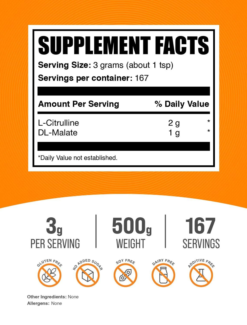 BulkSupplements L-Citrulline Malate 2:1 powder scoop showing 3 g serving