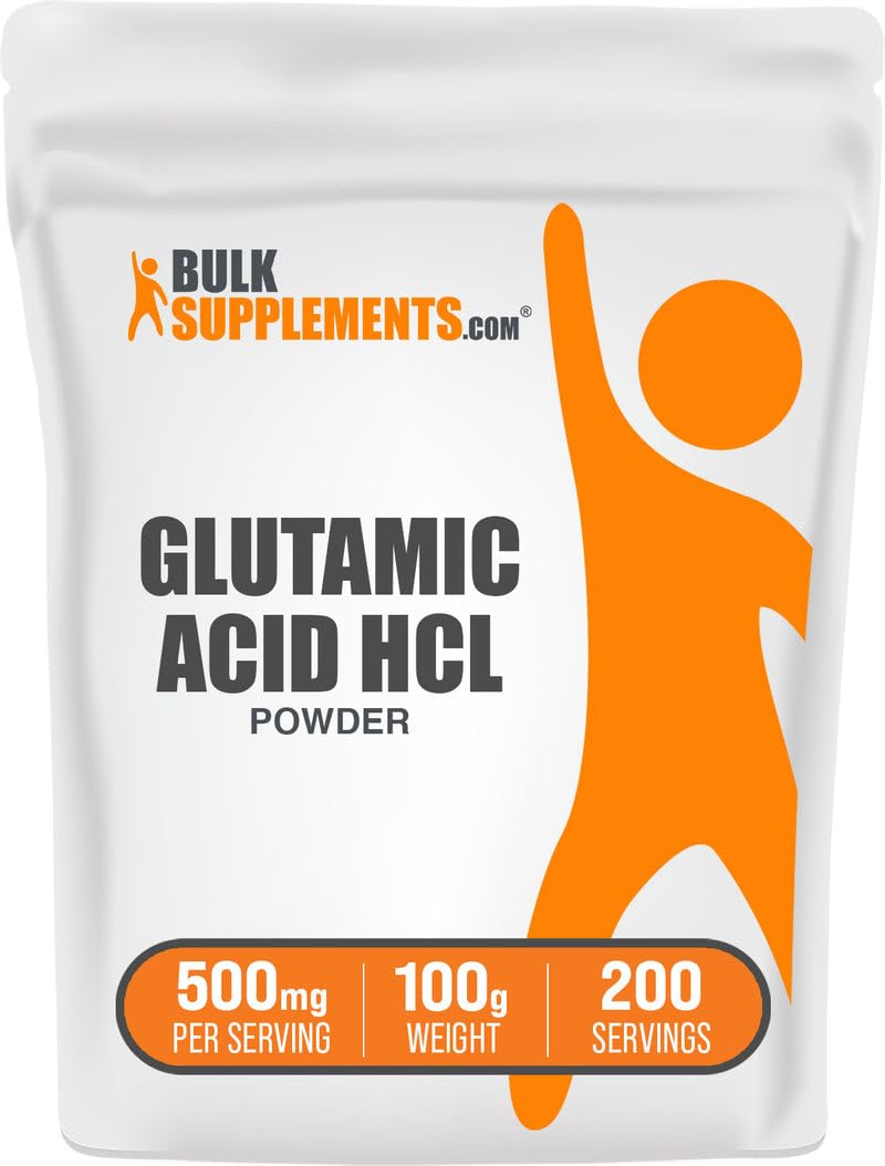 BulkSupplements L-Glutamic Acid HCl powder bottle supports daily wellness and gut comfort.