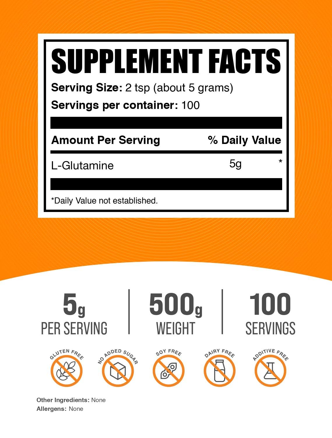 BulkSupplements L-Glutamine powder jar, convenient 500 g container for workouts.