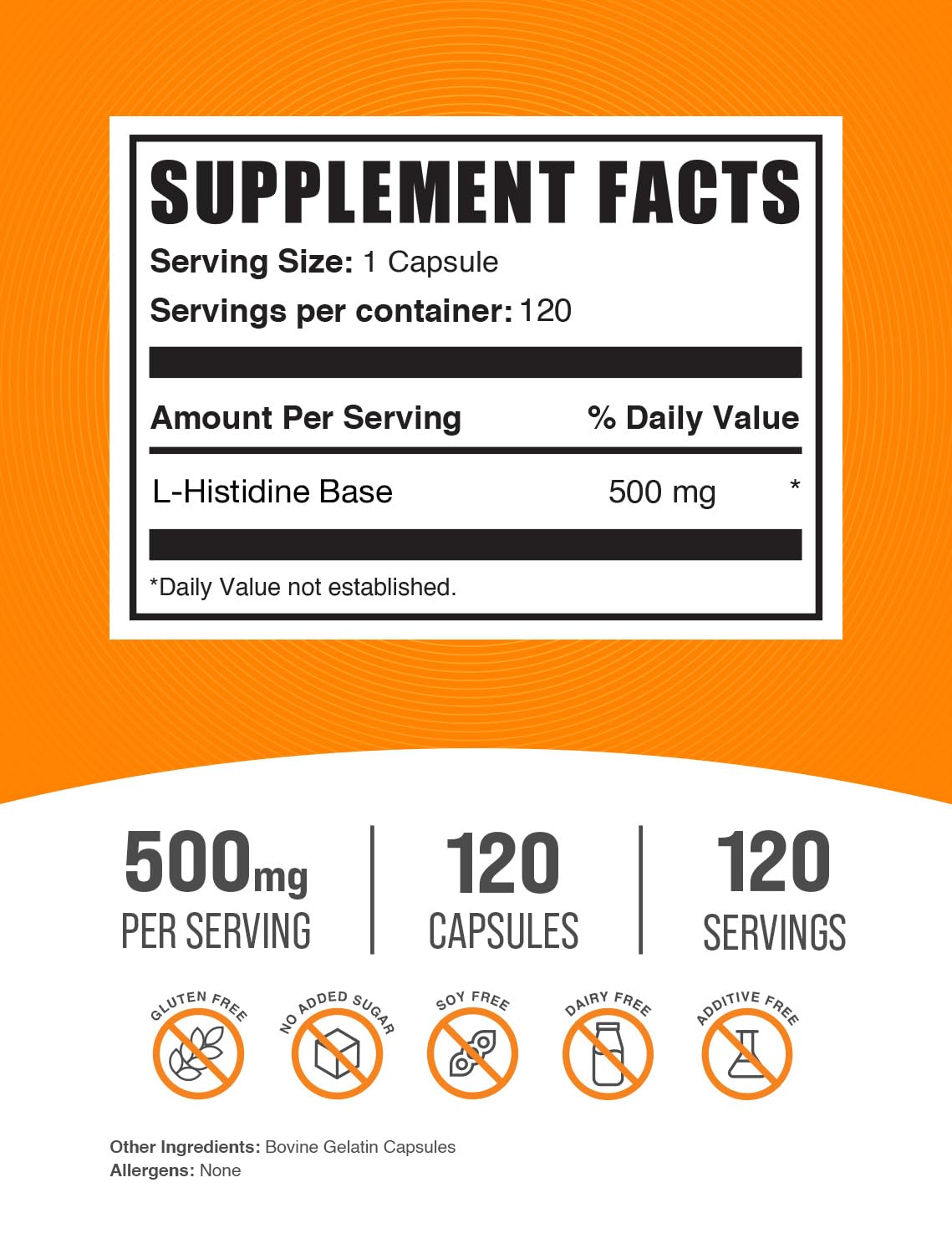 L-Histidine capsules label highlights gluten-free formula for easy daily use.