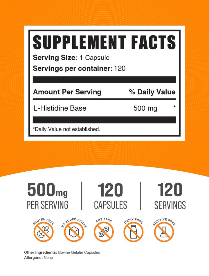 L-Histidine capsules label highlights gluten-free formula for easy daily use.
