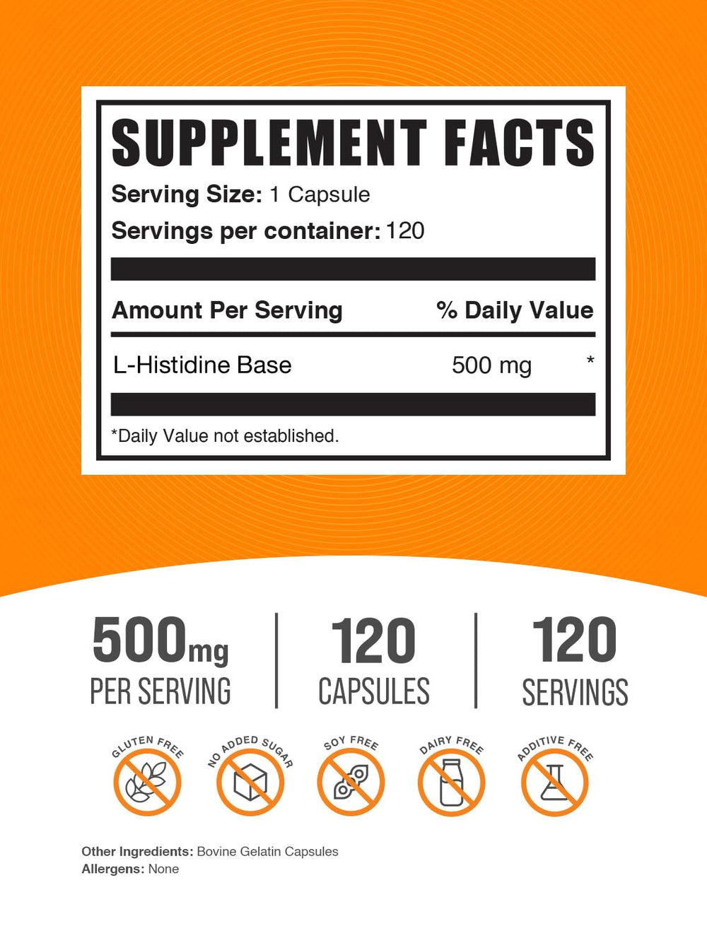 L-Histidine capsules label highlights gluten-free formula for easy daily use.