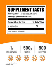 L-Isoleucine powder with spoon for quick mixing after training.