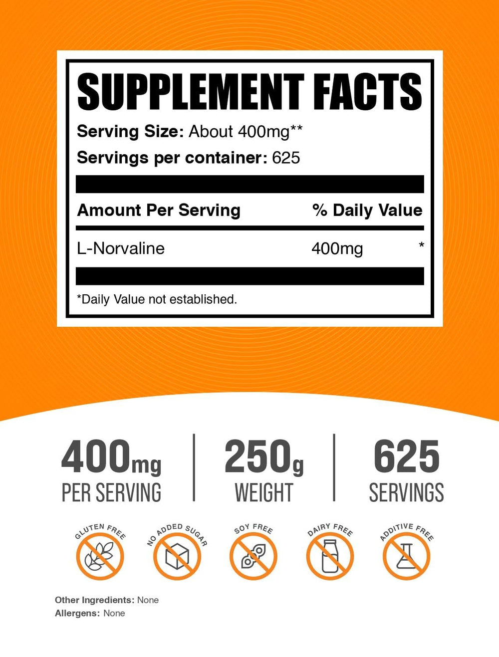 BulkSupplements L-Norvaline powder label highlighting third-party testing and quality
