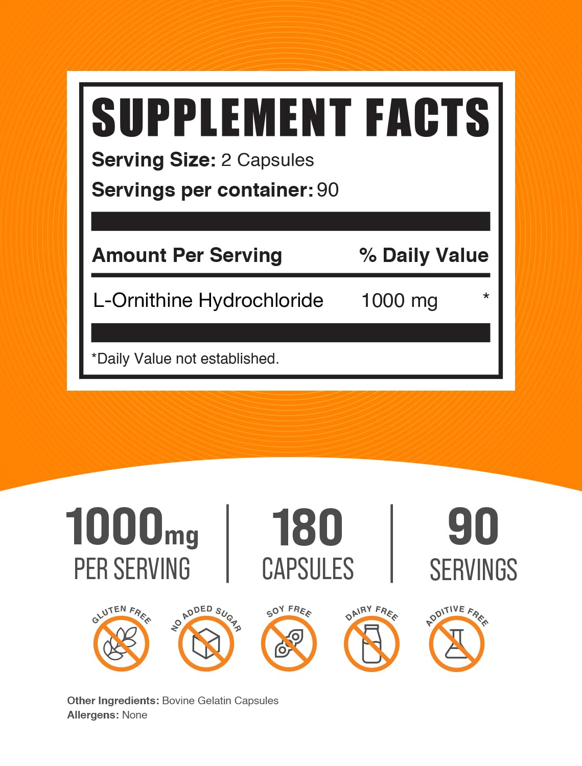 BulkSupplements L-Ornithine HCl capsules closeup label highlighting ingredients and gluten-free quality.