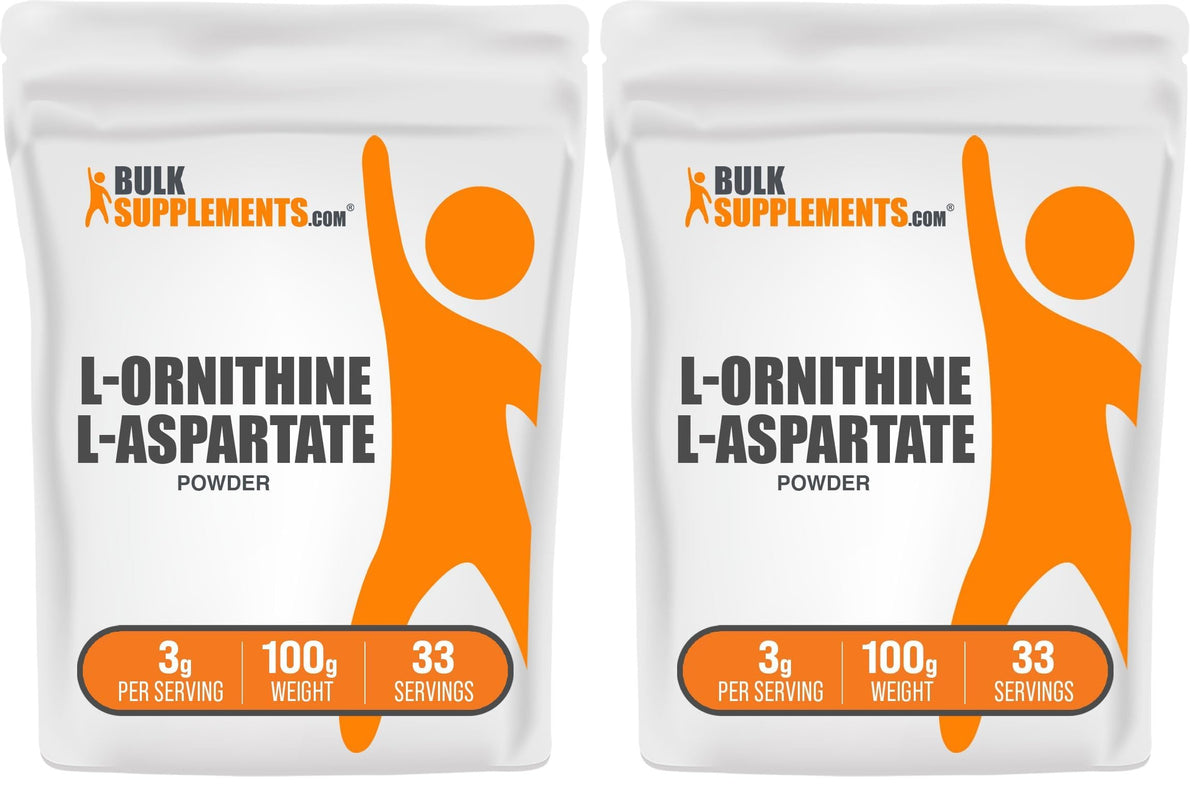 BulkSupplements L-Ornithine L-Aspartate powder bottle front, unflavored and easy to mix.