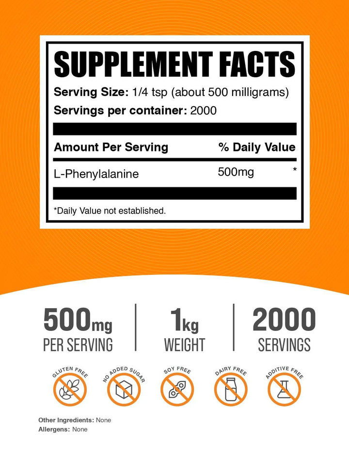 Pour image of BulkSupplements L-Phenylalanine powder showing portion control