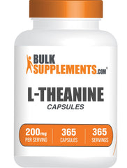 BulkSupplements L-Theanine capsules 200mg bottle for daily focus and calm support.