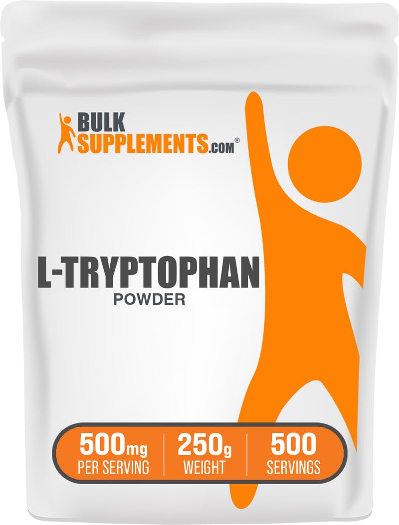 BulkSupplements L-Tryptophan powder bottle showing gluten-free 500 mg serving for daily wellness.