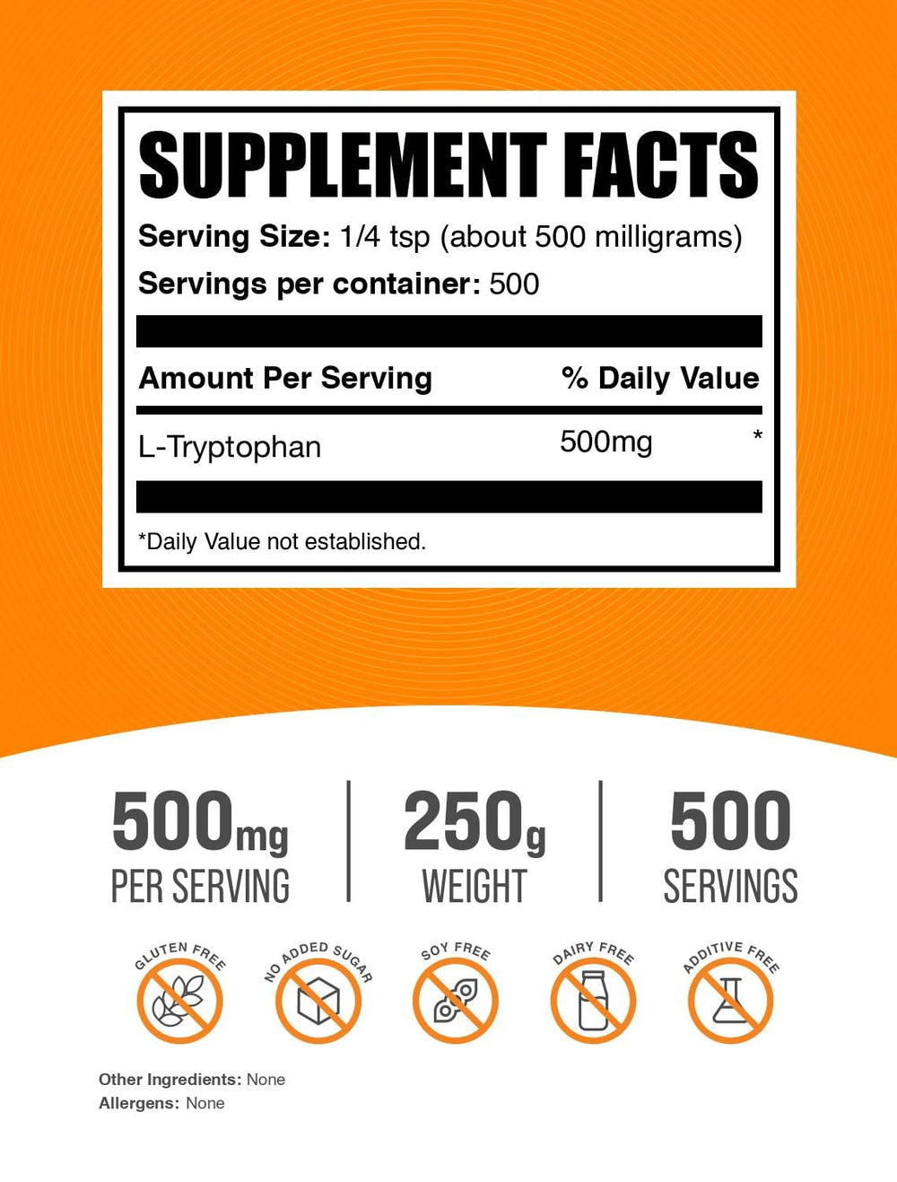 BulkSupplements L-Tryptophan powder scoop illustrating precise 500 mg measurements for easy dosing.