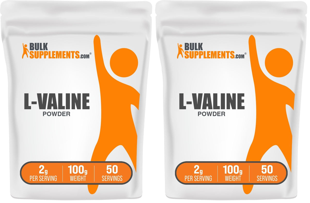 BulkSupplements L-Valine powder bottle front for easy workout stacking