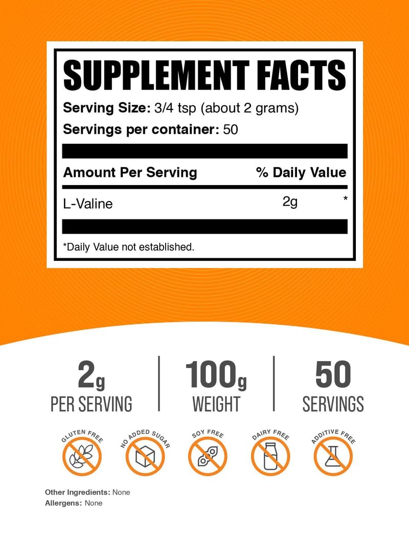 BulkSupplements L-Valine powder with scoop beside bottle, easy to blend
