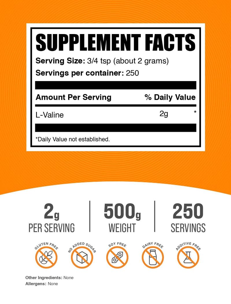 BulkSupplements L-Valine powder scoop scene for precise 2g servings.