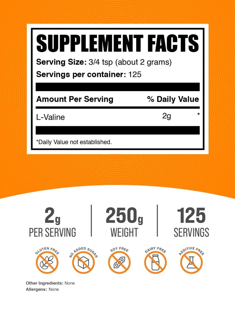 BulkSupplements L-Valine powder serving cup shows 2 g dose for workouts.