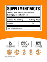 BulkSupplements L-Valine powder serving cup shows 2 g dose for workouts.