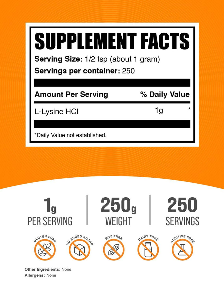 BulkSupplements L-Lysine powder scoop with ready-to-mix serving