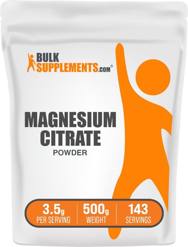 BulkSupplements Magnesium Citrate Powder bottle showing a gluten-free, pure mineral supplement for daily wellness.