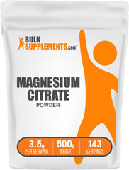 BulkSupplements Magnesium Citrate Powder bottle showing a gluten-free, pure mineral supplement for daily wellness.