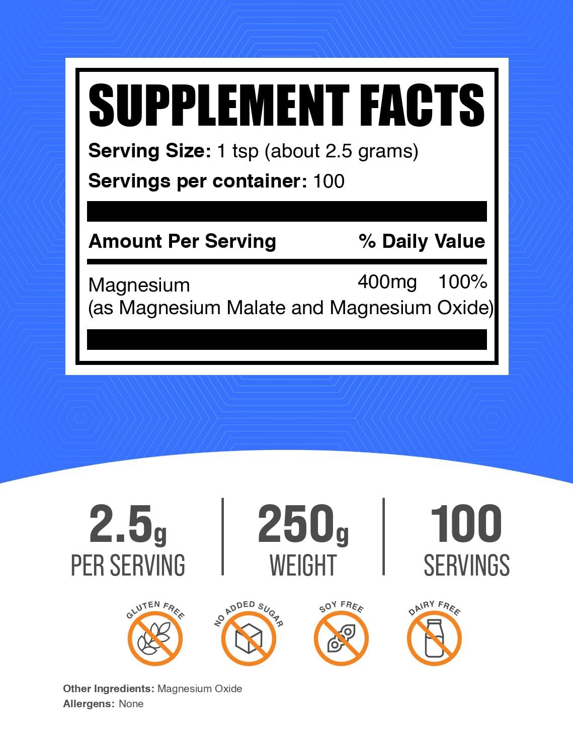 Bulksupplements Magnesium Malate powder and measuring scoop ready for beverages.