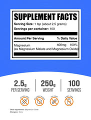 Bulksupplements Magnesium Malate powder and measuring scoop ready for beverages.