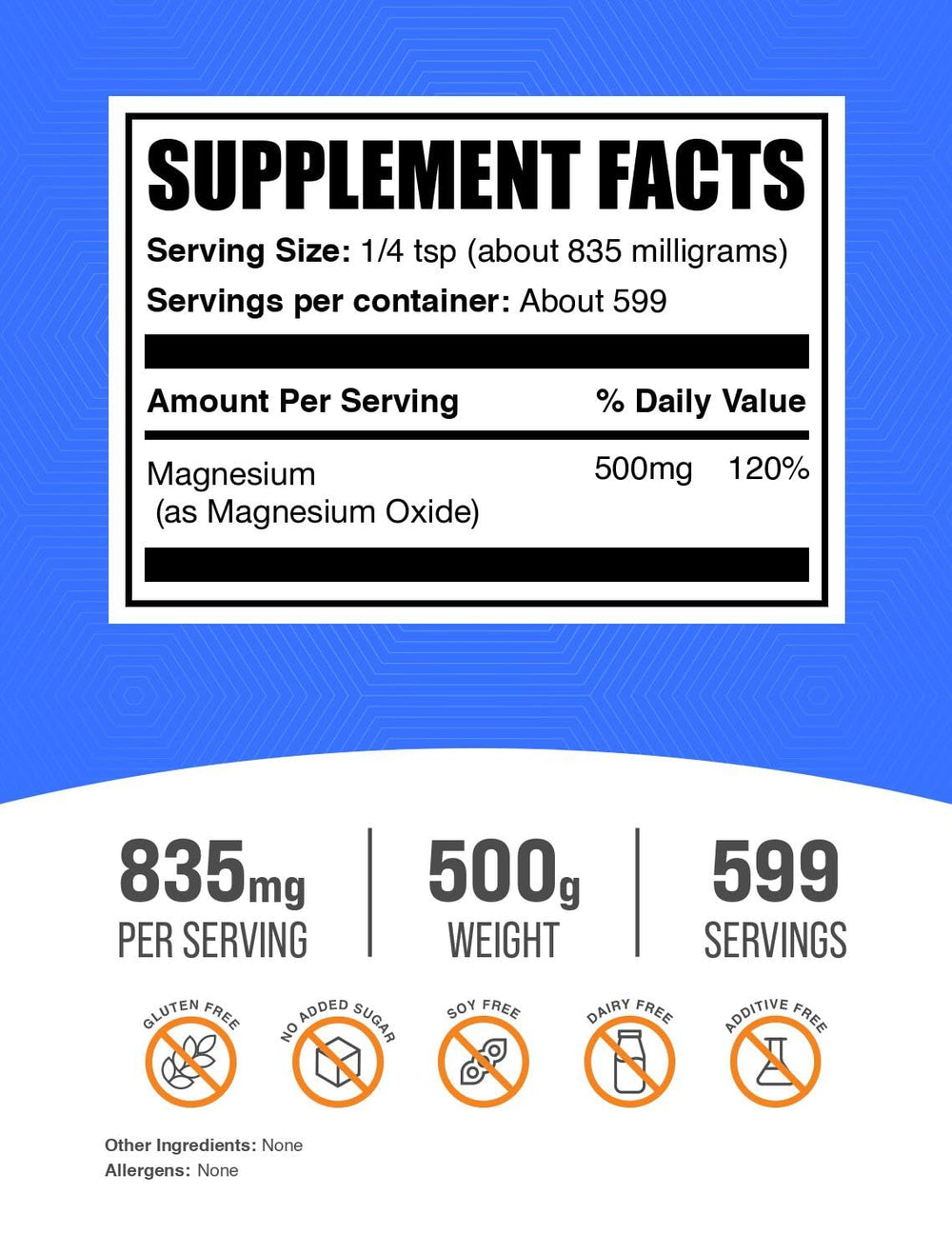 BulkSupplements Magnesium Oxide powder packaging showing 500 g size