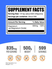 BulkSupplements Magnesium Oxide powder packaging showing 500 g size
