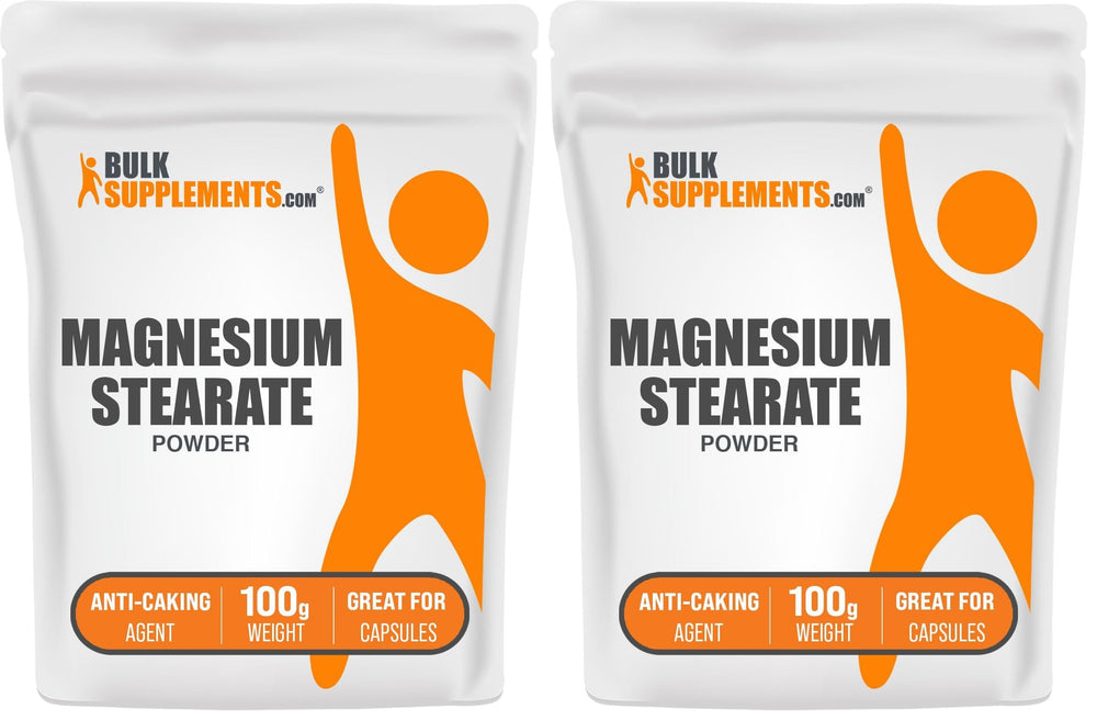 BulkSupplements Magnesium Stearate powder bottle pour showcases a reliable anti-caking aid for smooth tablet production.