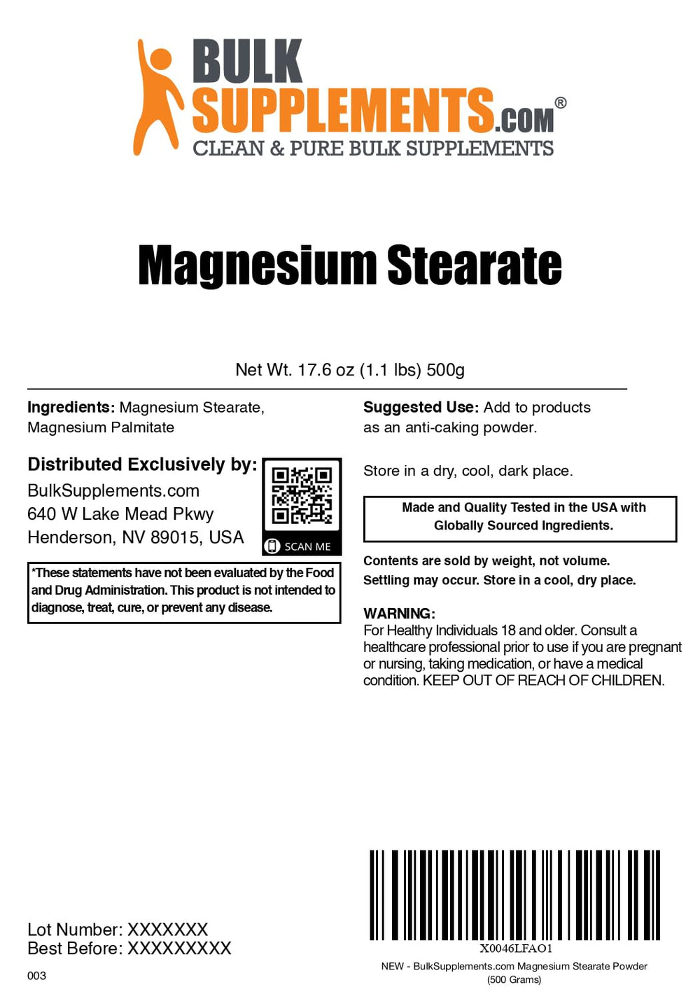 BulkSupplements magnesium stearate powder functioning as a flowing agent for mix consistency.