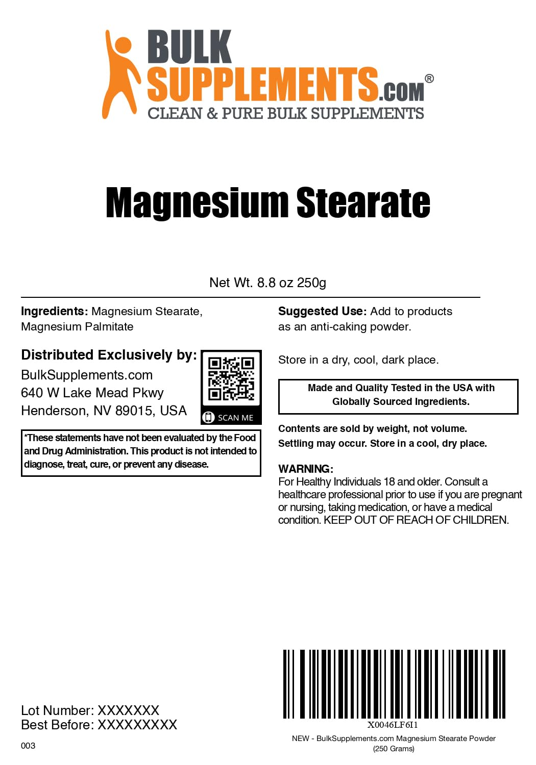 BulkSupplements Magnesium Stearate powder with a measuring scoop shows flowing agent use.