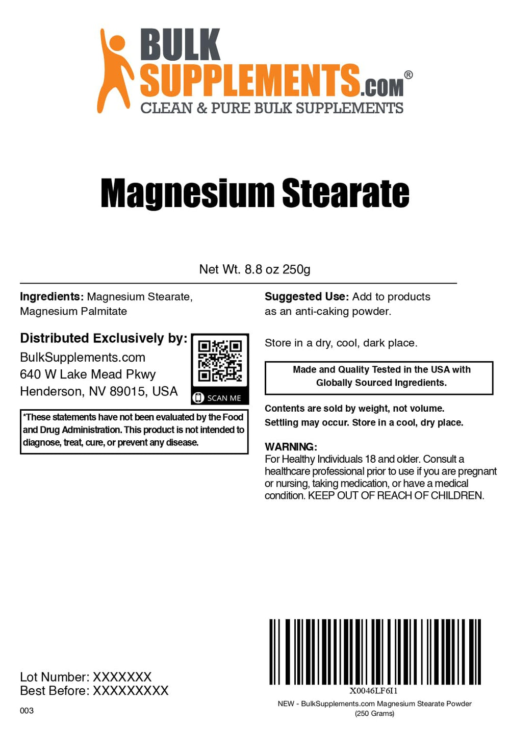 BulkSupplements Magnesium Stearate powder with a measuring scoop shows flowing agent use.