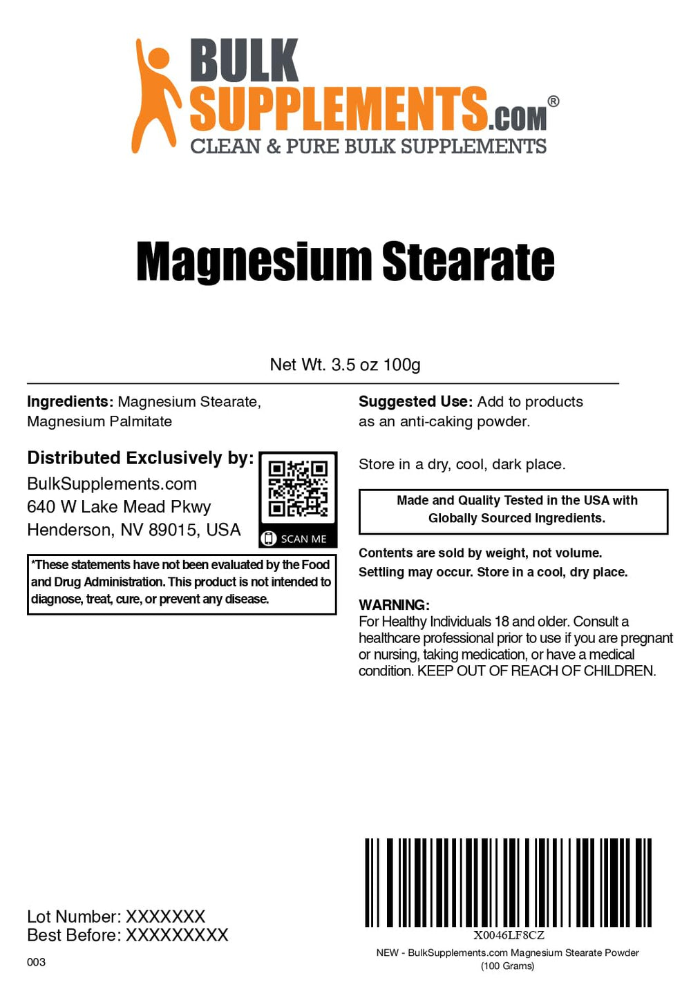 BulkSupplements Magnesium Stearate packaging for easy ingredient handling.