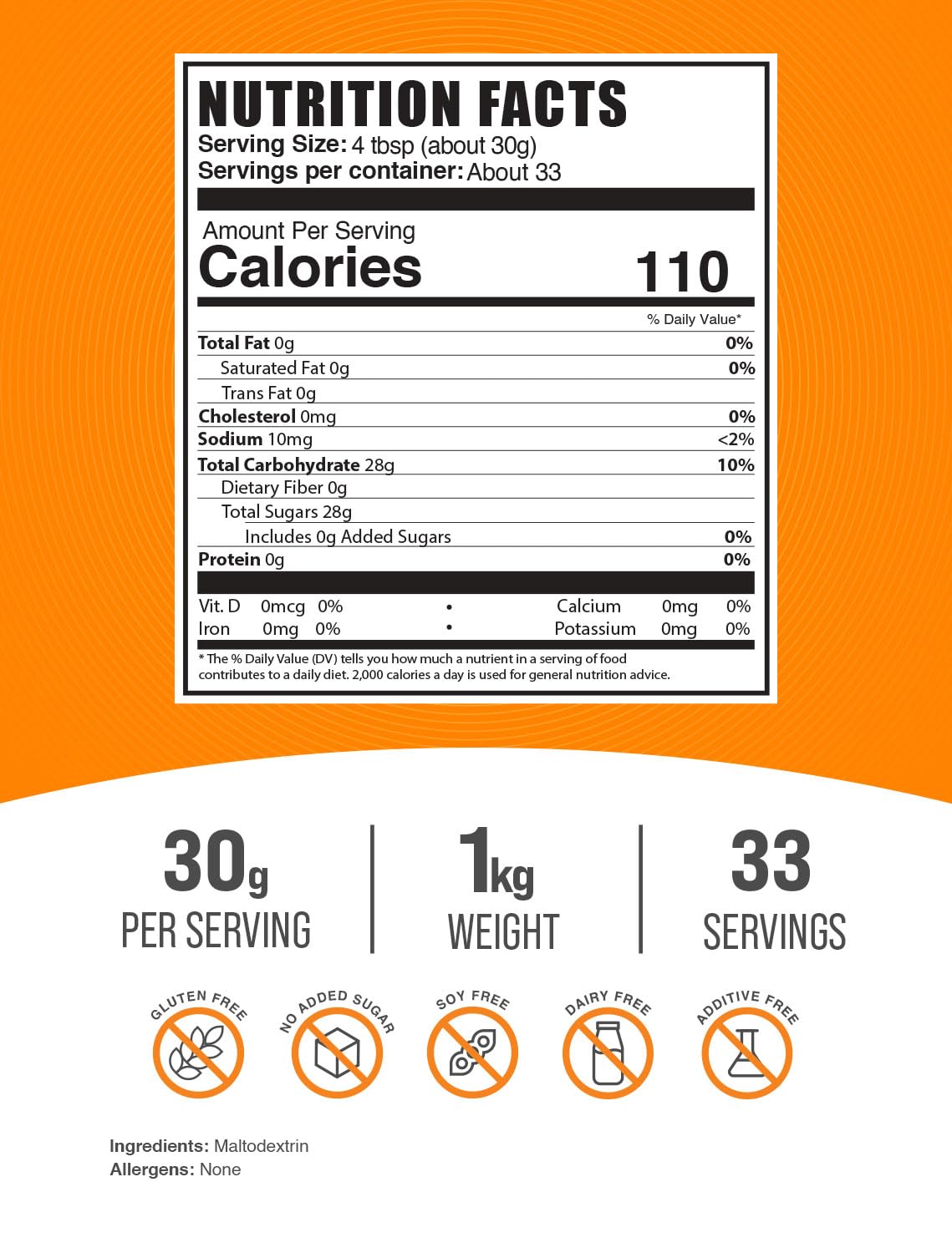 Maltodextrin powder serving scoop highlights 30 g dose for active fueling
