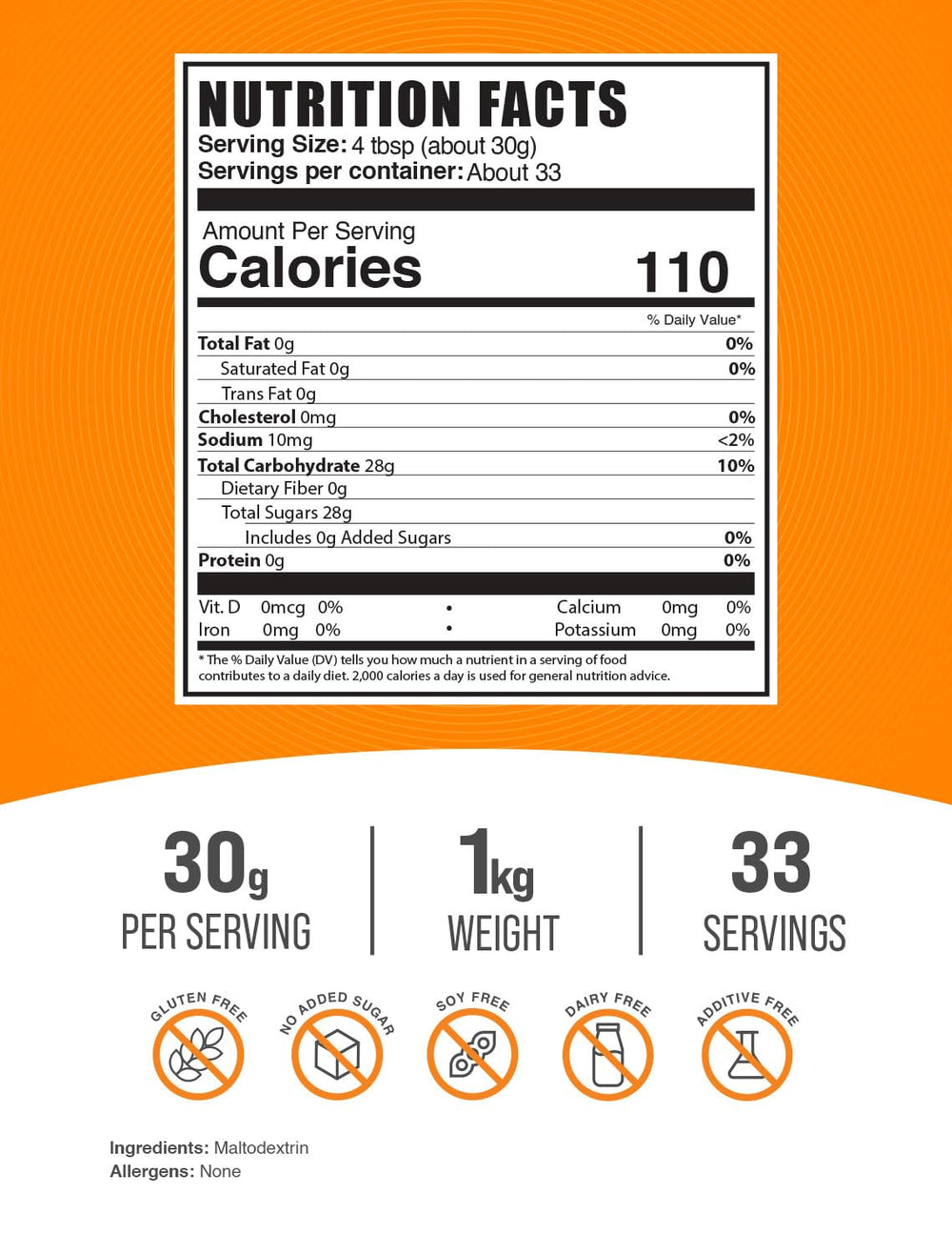 Maltodextrin powder serving scoop highlights 30 g dose for active fueling