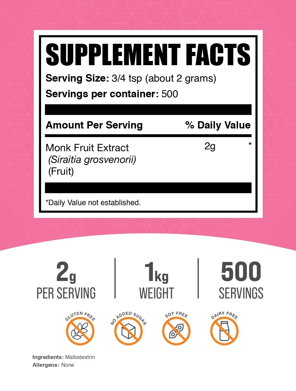 BulkSupplements Monk Fruit Extract Powder packaging emphasizes gluten-free and erythritol-free formula