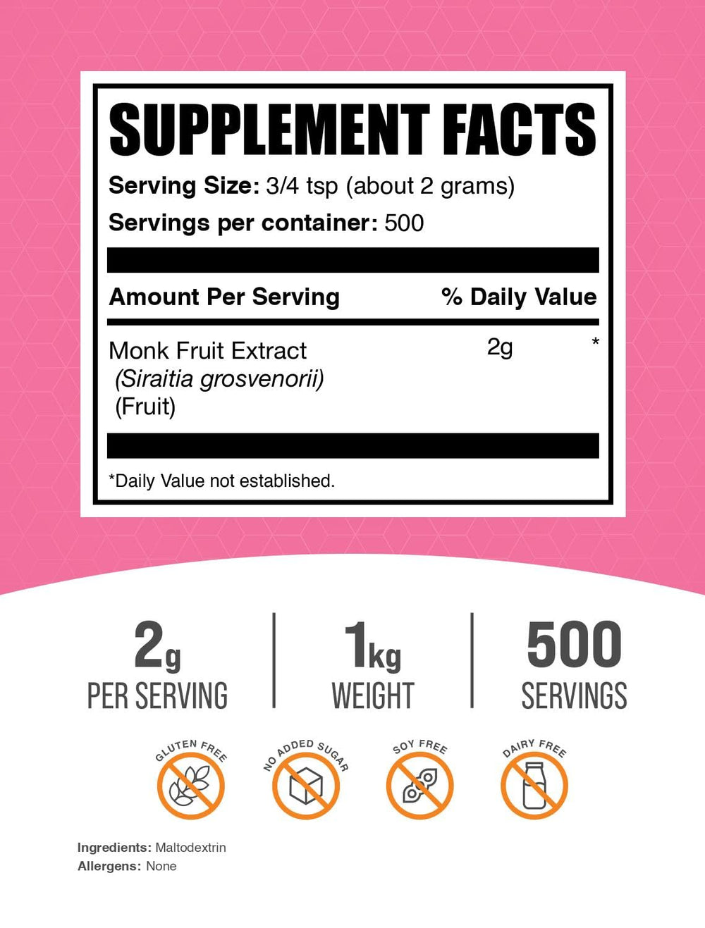 BulkSupplements Monk Fruit Extract Powder packaging emphasizes gluten-free and erythritol-free formula