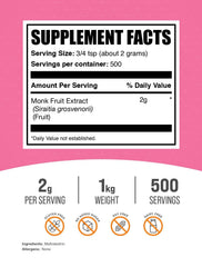 BulkSupplements Monk Fruit Extract Powder packaging emphasizes gluten-free and erythritol-free formula