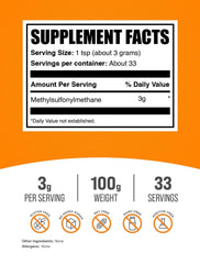 BulkSupplements MSM powder scoop shows easy 3,000 mg dosing