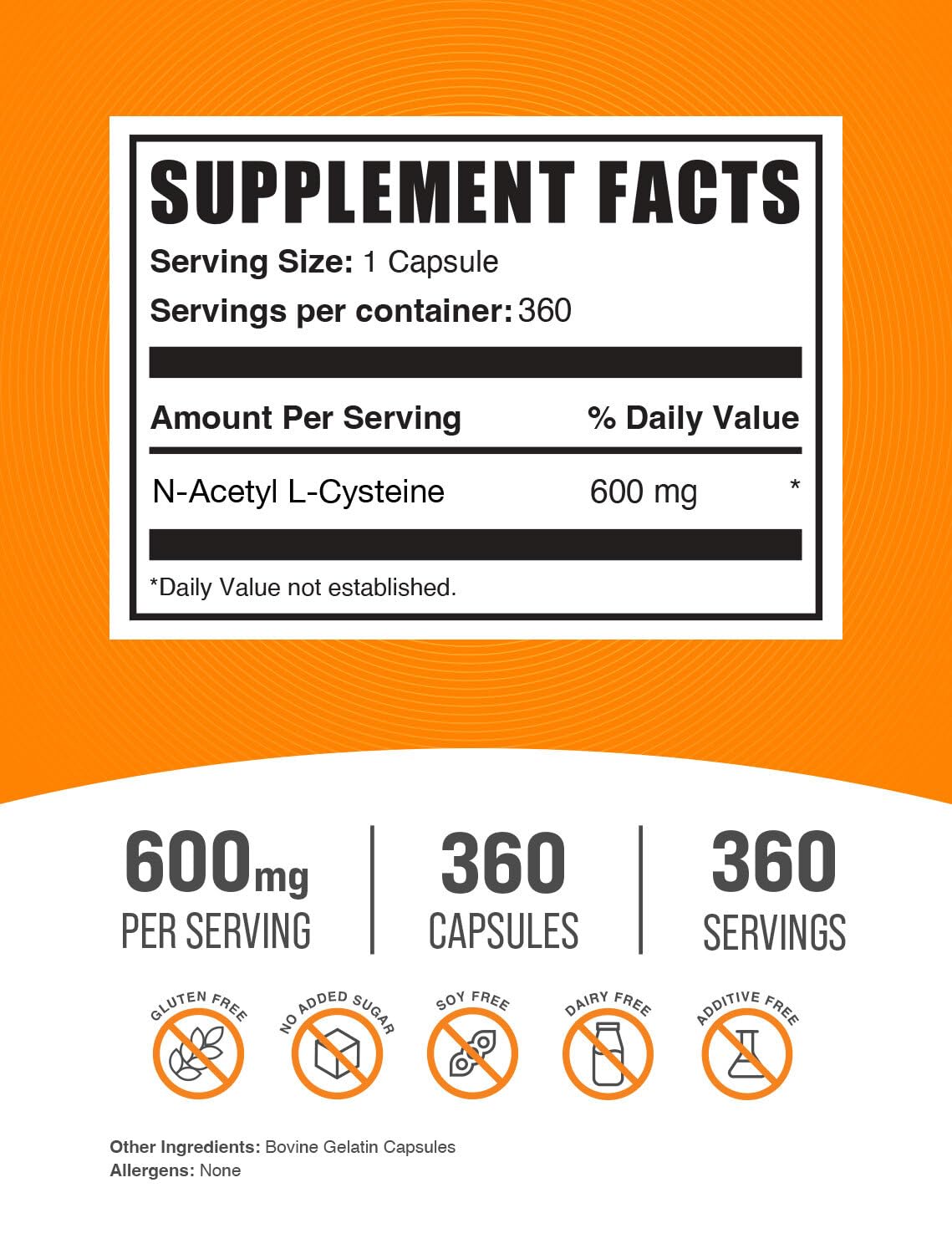 BulkSupplements NAC capsules bottle closeup highlights precise 600 mg dose.