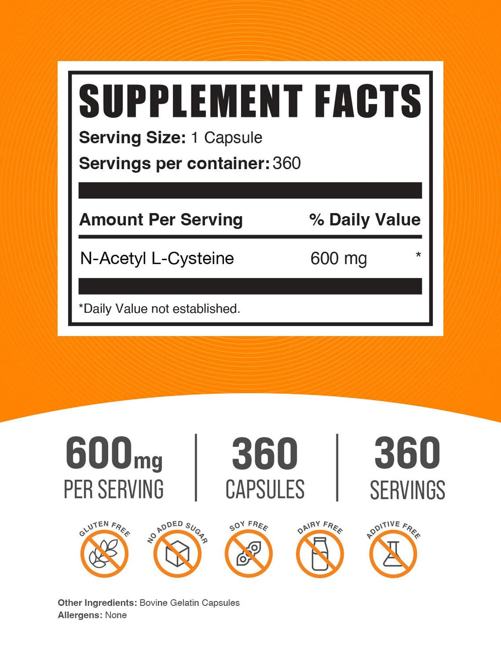 BulkSupplements NAC capsules bottle closeup highlights precise 600 mg dose.