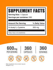 BulkSupplements NAC capsules bottle closeup highlights precise 600 mg dose.