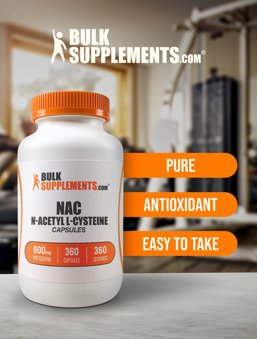 BulkSupplements NAC capsules with glass measure suggesting controlled intake.