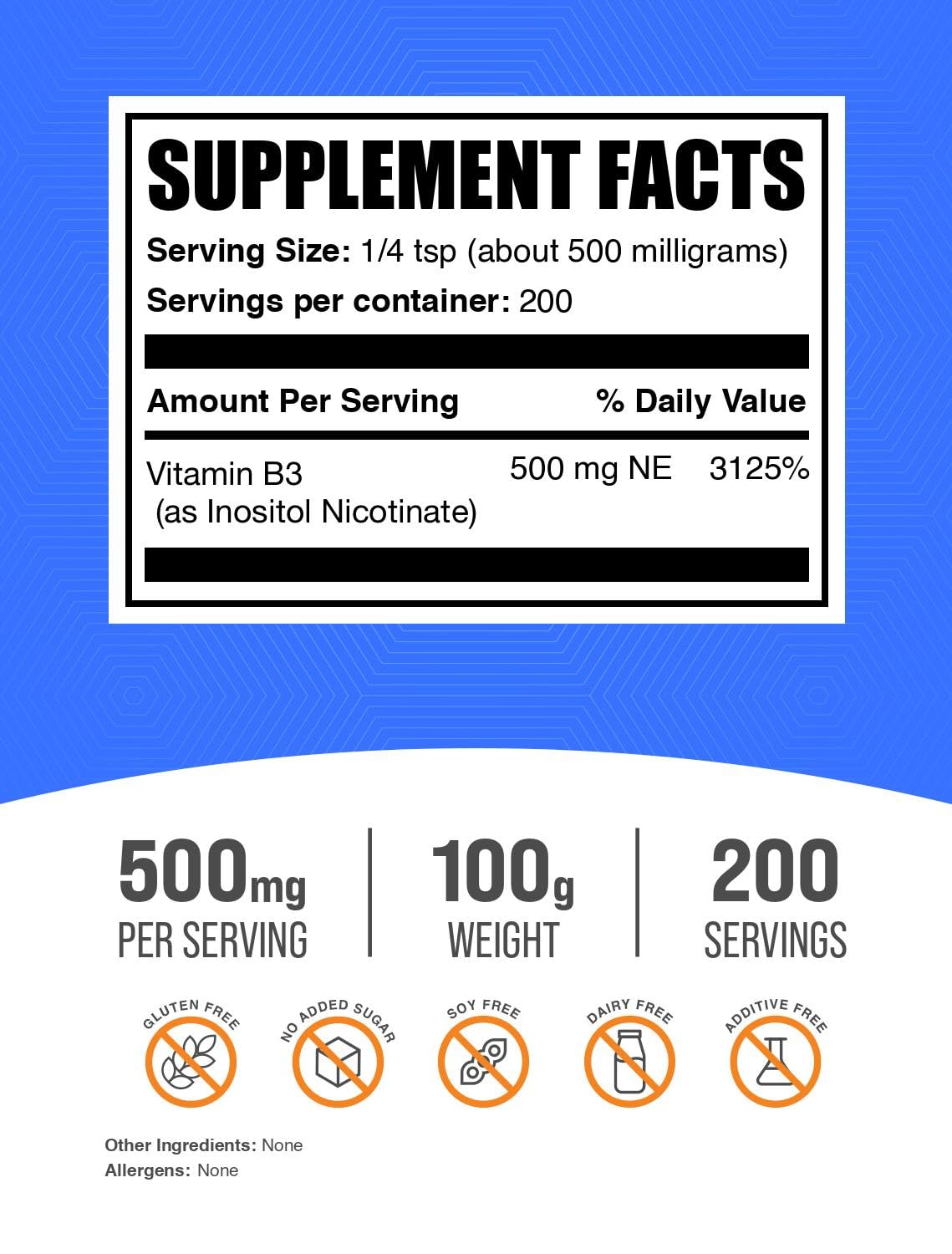 BulkSupplements Niacin 500 mg serving scoop showing precise dosage