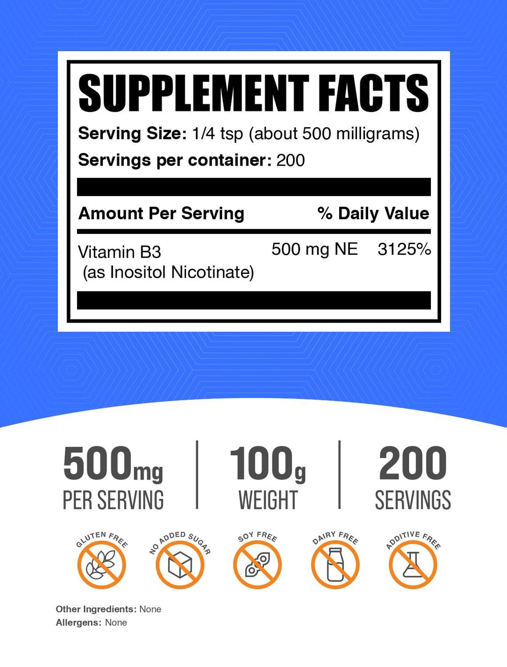 BulkSupplements Niacin 500 mg serving scoop showing precise dosage