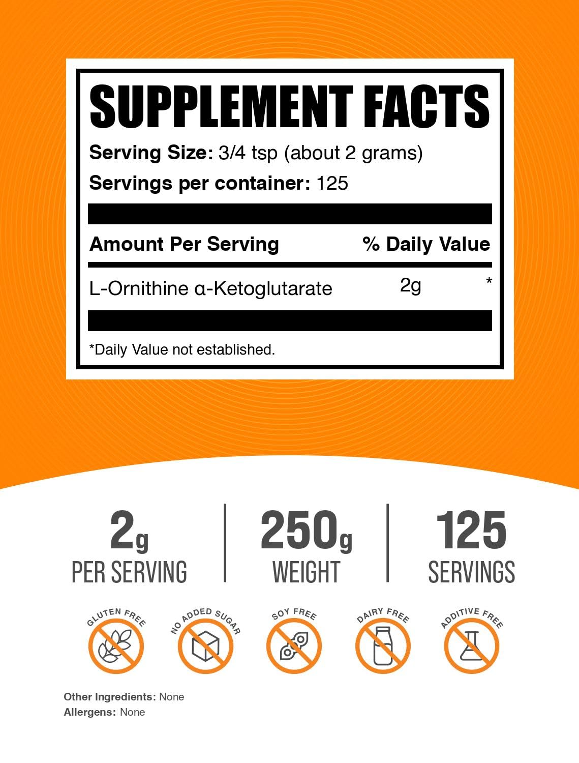 BulkSupplements OKG powder dispensing; precise 2 g serving for consistent dosing.