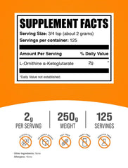 BulkSupplements OKG powder dispensing; precise 2 g serving for consistent dosing.